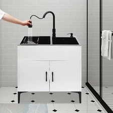 Pull-Out Sprayer Faucet Utility Sink & Stainless Steel Laundry Sink with Cabinet