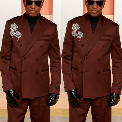 Formal Men's Suit Peak Lapel Burgundy Double Breasted Party Tuxedo Jacket 2Pcs