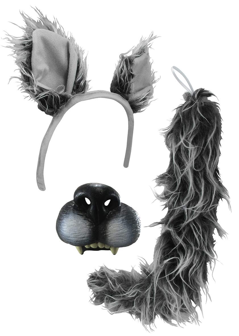 Big Bad Wolf Ears Tail Mini Nose Mask Werewolf Animal Wolfman Costume Kit Set