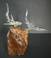 Vintage Glass Sharks Sculpture On Wood Base Adjustable Figures Marine Decor