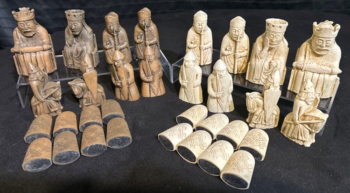 Lewis Chessmen Style Chess Set Viking Medieval Resin 32 Pieces Complete Heavy