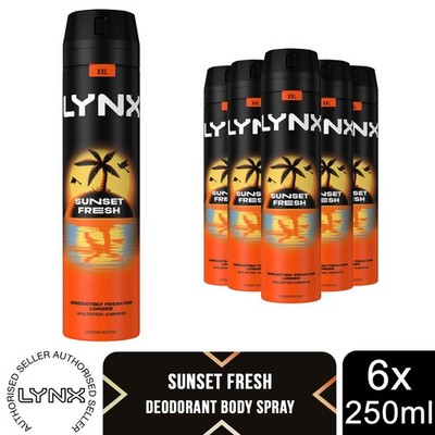 Lynx Sunset Fresh Body Spray 250ml 6 Stück Herren Deodorant 48H Mango Mandarin Duft