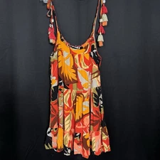 Tropical Boho Tassel Strap Sundress Smocked Bust Rayon Adjustable Size Small