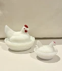 Vintage Hen on Nest Covered Dish White Milk Glass Lot Of 2- One Split Tail