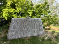 Vintage Silver Metallic Evening Bag Rose Clasp Chain Strap Formal Purse