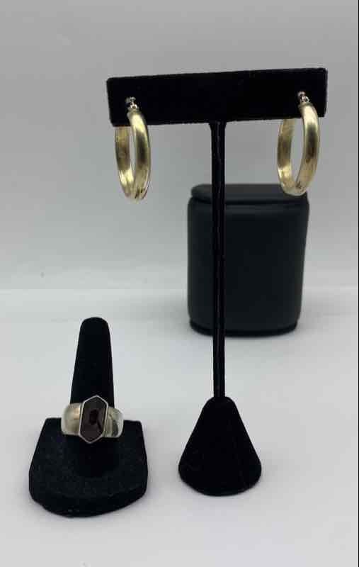 925 Sterling Silver Amber Hexagon Ring Size 8 Gold Tone Hoop Earrings 13.6g
