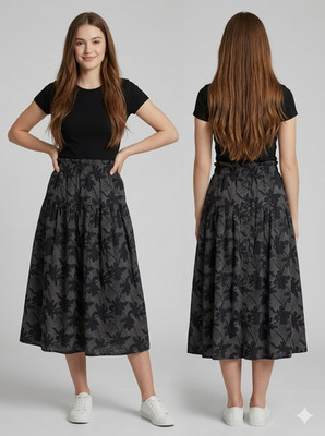 Universal Thread Floral Midi Skirt Small Black White Linen Blend Button Front Bo