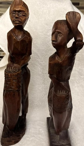 Vintage Wood Hand Carved African Figurines Pair Woman and Man 13 in