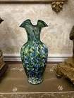 Fenton "Vasa Murrhina" Green Aventurine Blue Ruffled 11" Cased Art Glass Vase