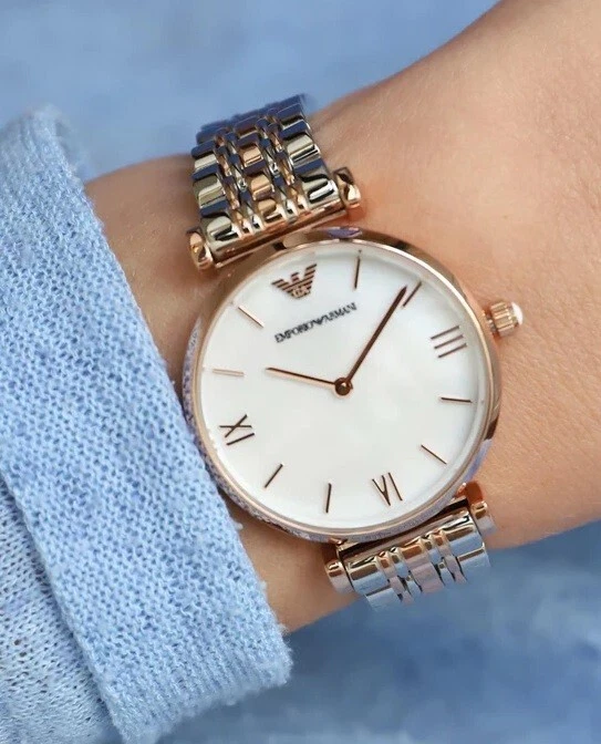 NEW EMPORIO ARMANI WOMEN S WATCH AR1683 WHITE DIAL TWO TONE COLOUR