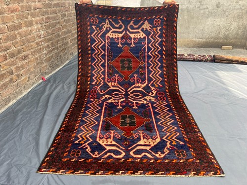 Afghan Nomadic Rug 4x7.4 – Vintage Hand-Knotted Tribal Wool Blue Red Fine Rug