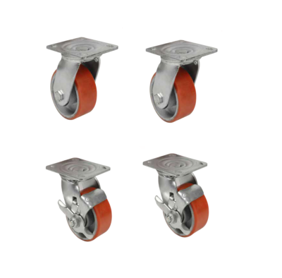 Set Di 4 Ruote Per Carichi Pesanti – 100 Mm In PU Con Freno, 2 Girevoli + 2 Bloccabili, Carico 600 Kg, Per Mobili E Carrelli
