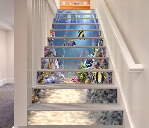 Autocollant Escalier 3D Poisson Animal N687 - Papier Peint Vinyle Mural Déco Moderne Romy
