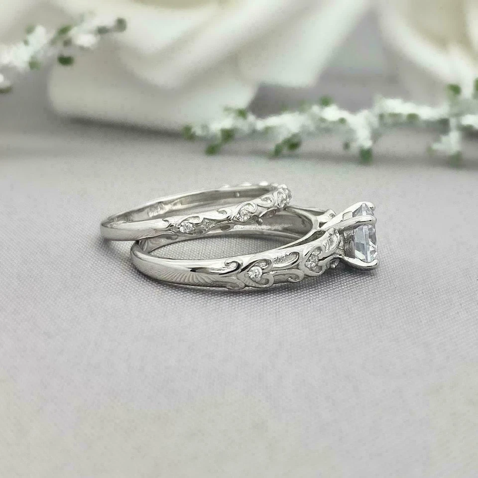 1.55Ct White Round Cut Moissanite Wedding Matching Bride 14K White Gold Ring Set - Image 4 of 4