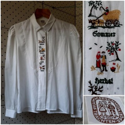 Vintage HAMMERSCHMID TRACHTEN BESTICKT WEISS DAMEN BAUMWOLLE SHIRT W-Germany S42