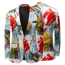Men Graffiti Print Suit Blazer Jacket Coat Top Slim Stage Prom Party Showman 