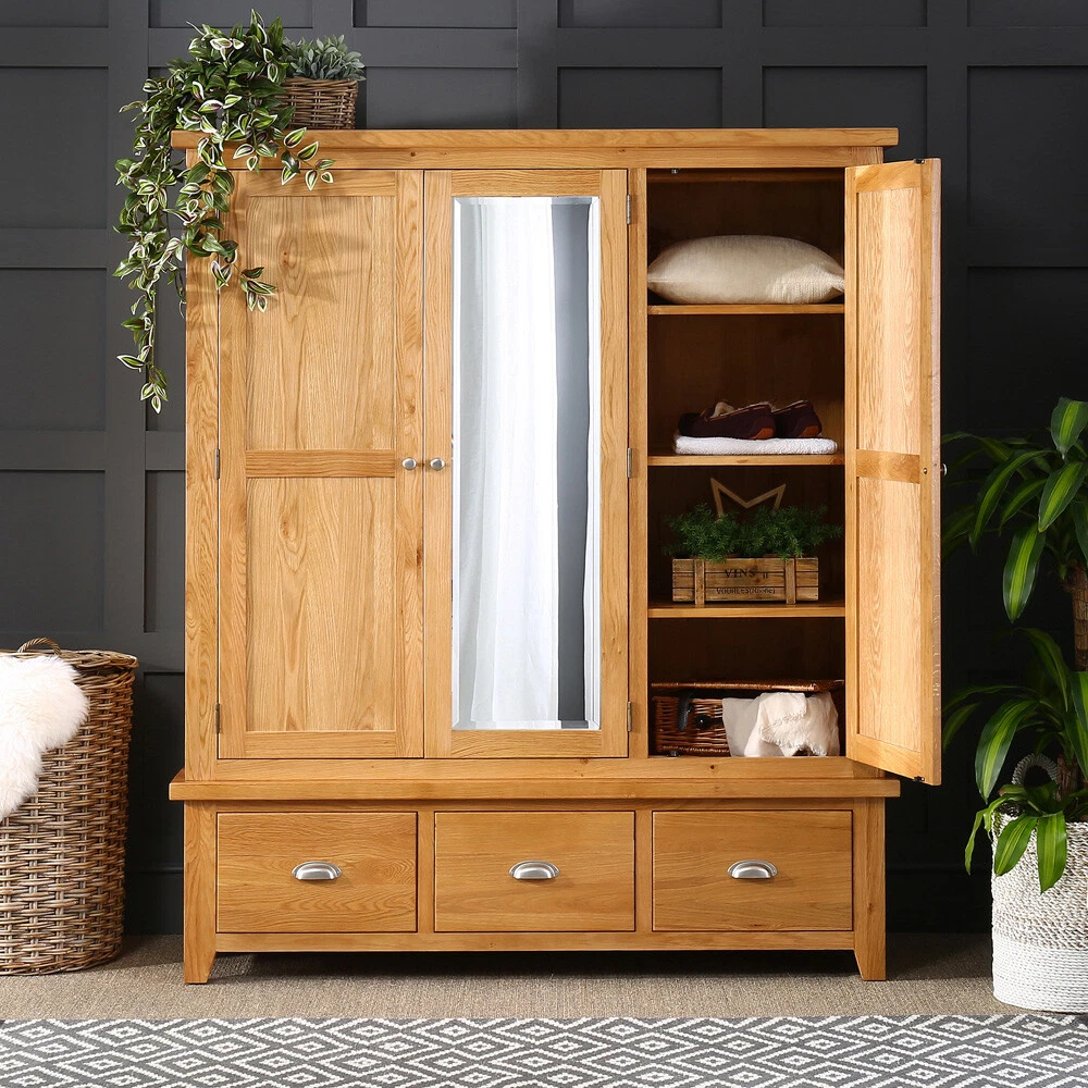 Cheshire Oak Triple 3 Door Mirrored Wardrobe 3 Drawers Large Hanging AD23