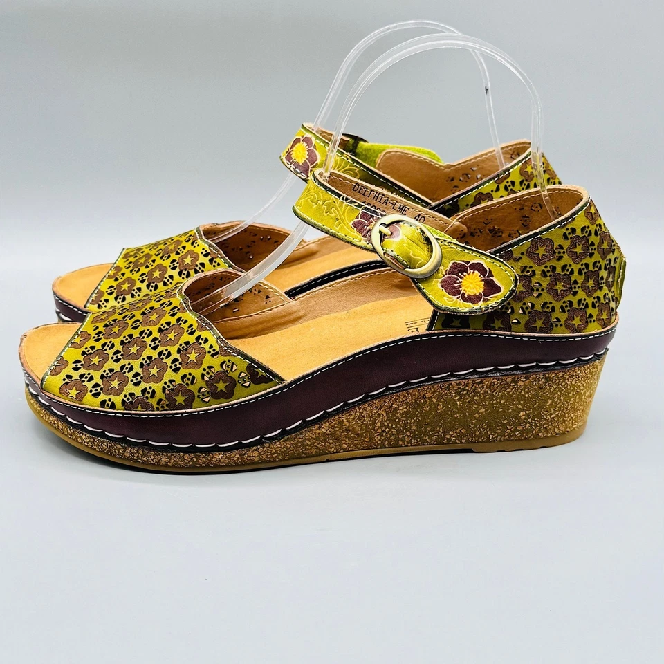 Spring Step L'Artiste Sandals Women 9.5 Green Leather Delphia Wedge Floral Strap - Image 3 of 4