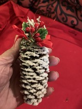 Handcrafted Pine Cone Ornament With Vintage Holly And Bow