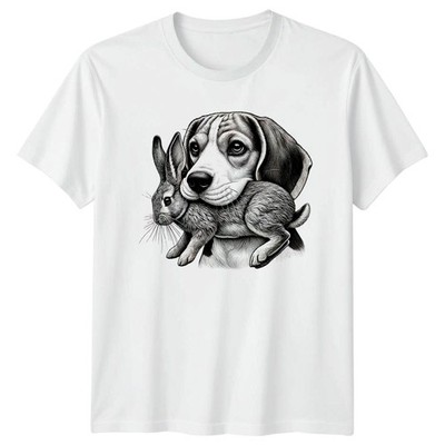 Realistischer Beagle Hund hält Kaninchen T-Shirt Skizze Kunst Tierliebhaber