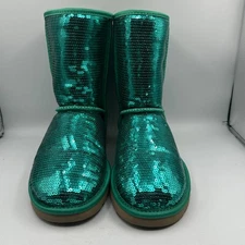 UGG Classic Teal Short Sequin Sparkle Winter Boots Shearling Lined Women’s 8