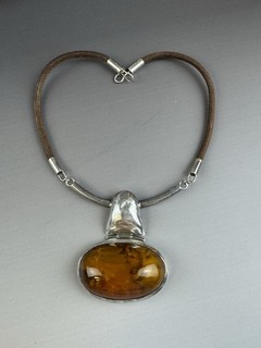XXL Bernstein Kette / Collier Vintage Dänemark Design / 800er Silber Schmuck