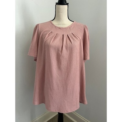 Rose Pink Crepe Blouse size 1X Pleated Puff Sleeve Top Plus Soft Girl Pastel