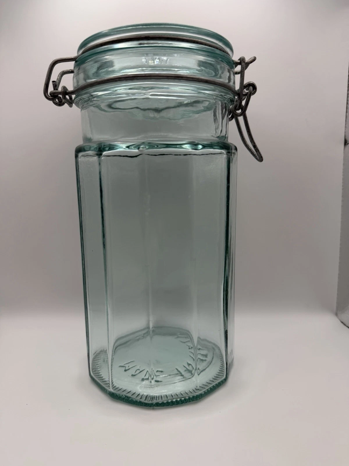 Made In Italy Vintage 8" Hermetic Green Glass Storage Jars Wire Bail Lid