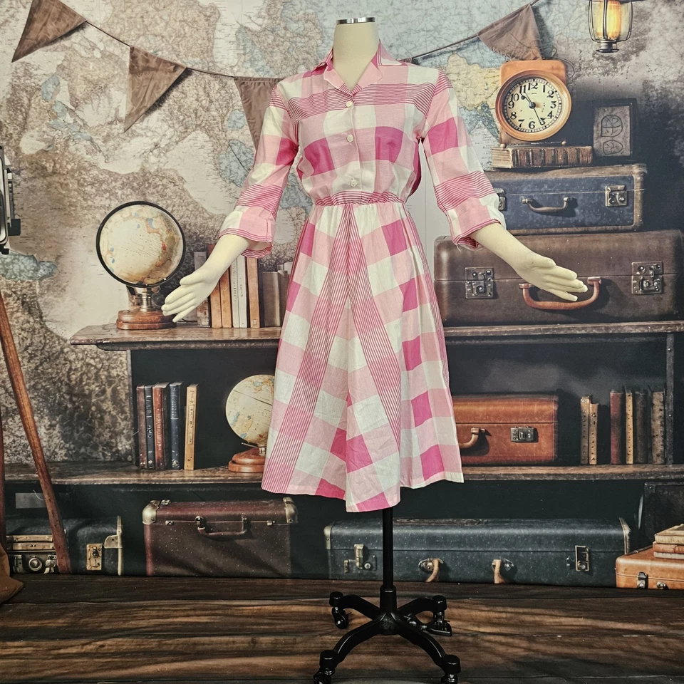 Vestido Vintage Años 70 Años 50 Rosa Blanco Cuadros Media Manga Cuello Botón Delantero Foto 2 de 4