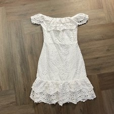 Express Eyelet Lace Off The Shoulder Ruffle Scalloped Hem Mini Dress XS White