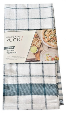 Wolfgang Puck Kitchen Dish Towels Blue White Plaid Stripe 100% Cotton Set of 3