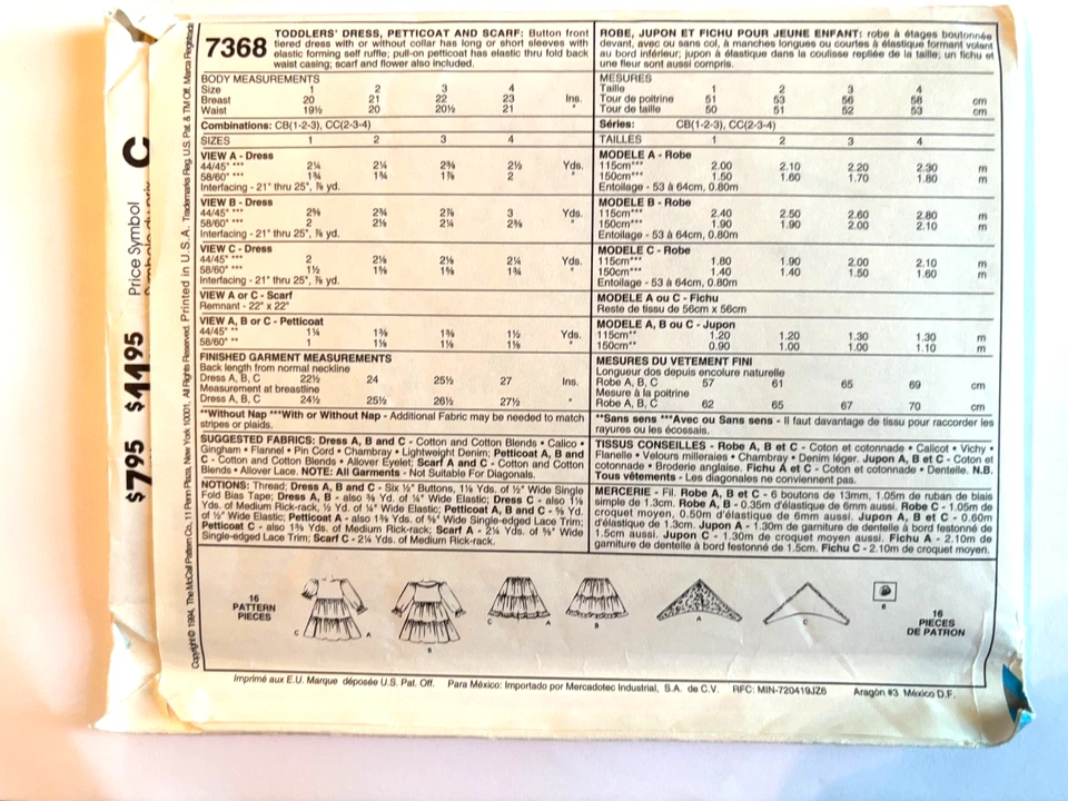 Girl's Sewing Pattern Dress Petticoat McCall's 7368 Size 2 3 4 New Uncut - Image 2 of 2