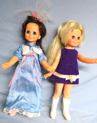 2 Vintage CRISSY IDEAL 1969-70s 15" Mia & 15" Velvet Doll HAIR GROWS Orig. CLOTH