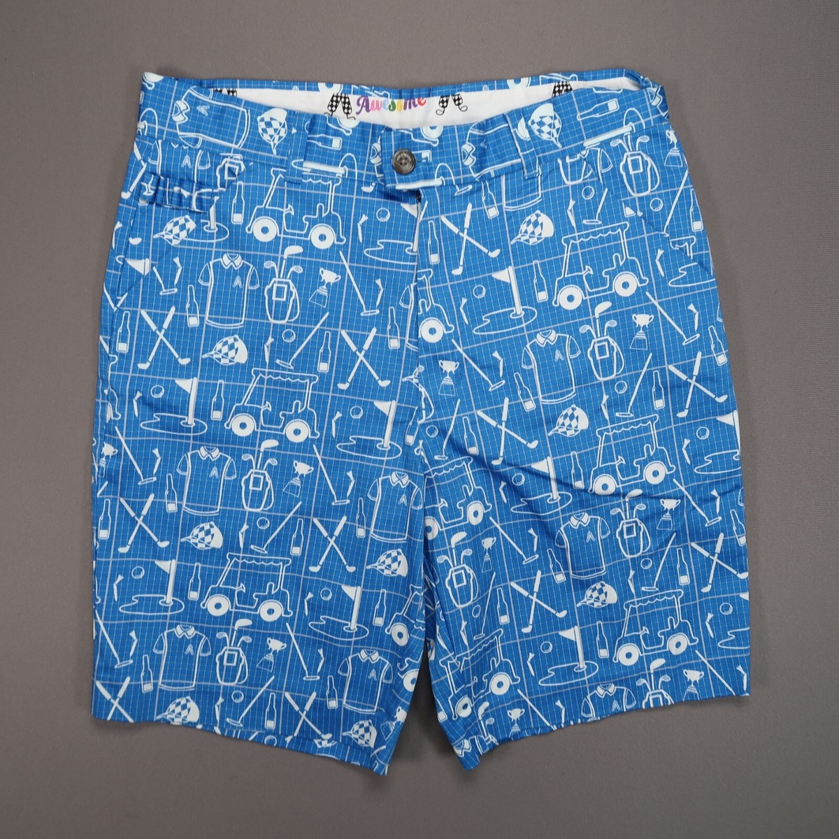 Royal Awesome Shorts Mens 32 Blue Best Laid Plans Golf Print Chino Stretch