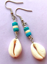 Blue Howlite COWRIE SHELL dangle earring SP Fish hook handcrafted ACTA