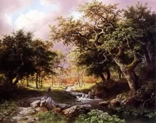 Oil painting barend cornelis koekkoek wooded landscape with figures along stream