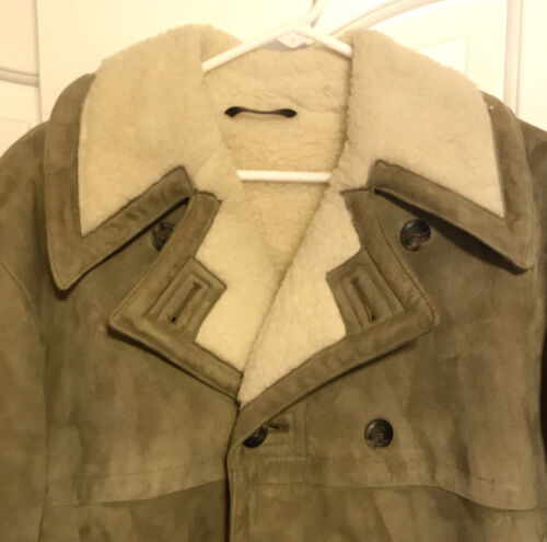 Vintage Sherpa Coat Long Jacket Men's Size 40 Made in Denmark 1980s Gray Leather - Picture 3 of 6