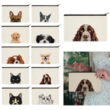 Dog Cat Canvas Cosmetic Makeup Zipper Bag Pouch Pencil Case for Women, Girls