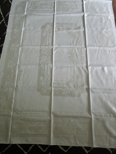 Antique Vtg Linen Damask Tablecloth Roses Pale Ecru Unused 64x48" - Picture 4 of 7