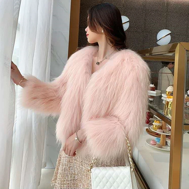 Women Faux Fur Short Coat Warm Plush Outerwear Slim Parka Jacket Winter Furry - Image 2 of 4