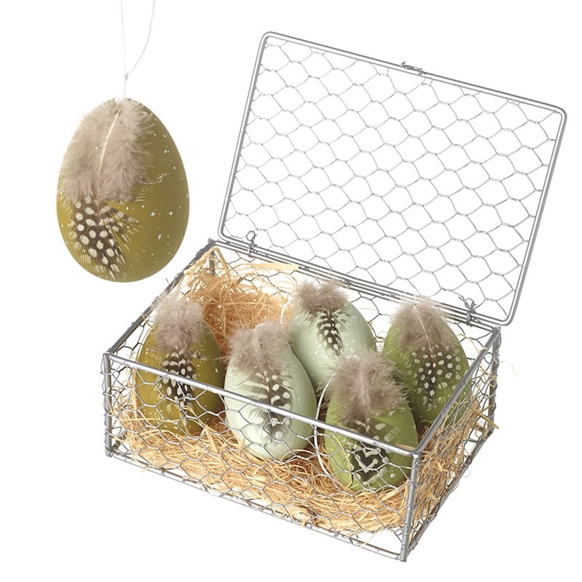 Heaven Sends Hanging Green Eggs & Feathers in Crate Hanging Easter Decorations