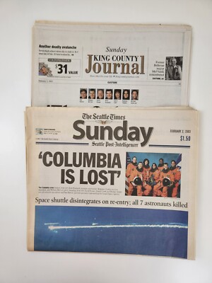 2 Newspapers Columbia Space Shuttle Seattle Times Post Intelligencer  Feb 2003