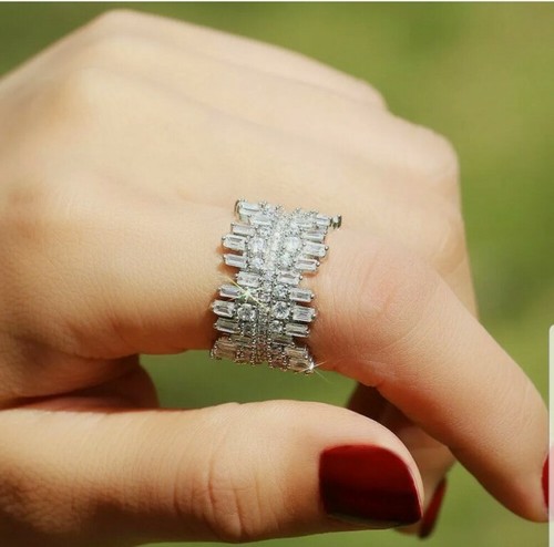 925 Sterling Silver plated white Sapphire,crystal,rhinestone band Ring size T &U