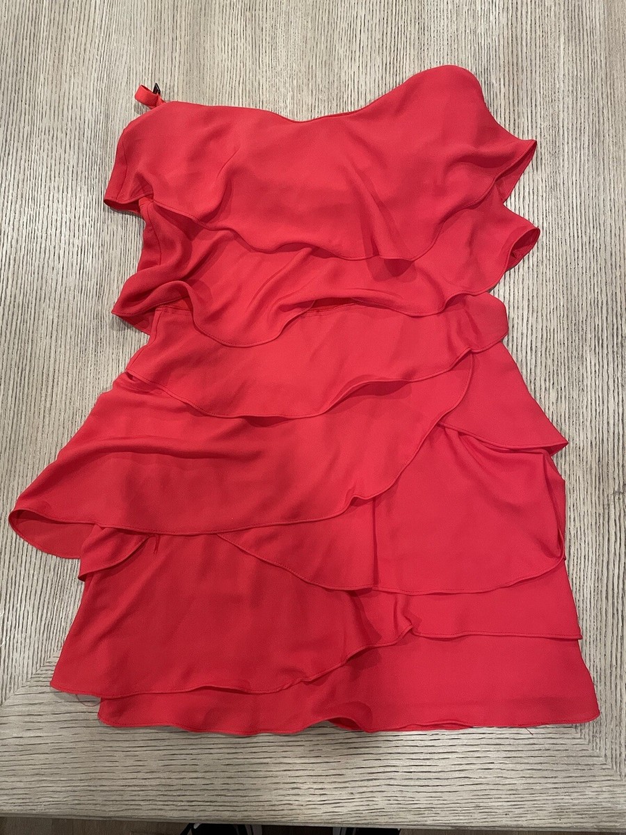 BCBGMAXAZRIA 'Ginger' Scarlet Red/Pink Ruffled Tiered Strapless Silk Dress  Sz