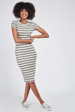 Voyelles Designer Dress Metallic Striped Ribbed Midi Dress bodycon (S) Grey NWT!