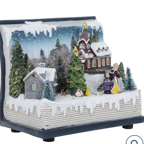 BNiB LiGHT UP CHRiSTMAS ViLLAGE SCENE SET iN A OPEN BOOK W ROTATING