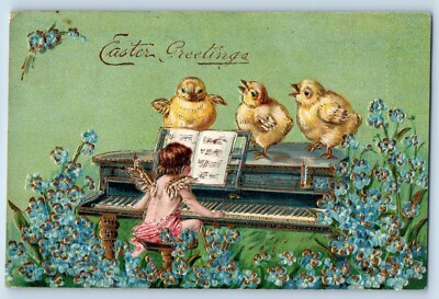 Easter Postcard Greetings Angel Playing Piano Baby Chicks Singing Embossed