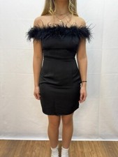 ISIF Satin Bardot Feather Trim Bodycon Dress 