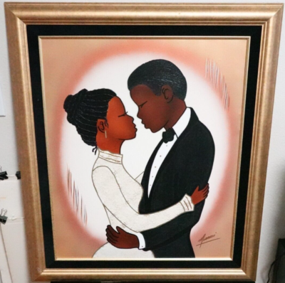 MOBASSI AFRICAN AMERICAN MAN AND WOMAN IN LOVE ORIGINAL OIL ON