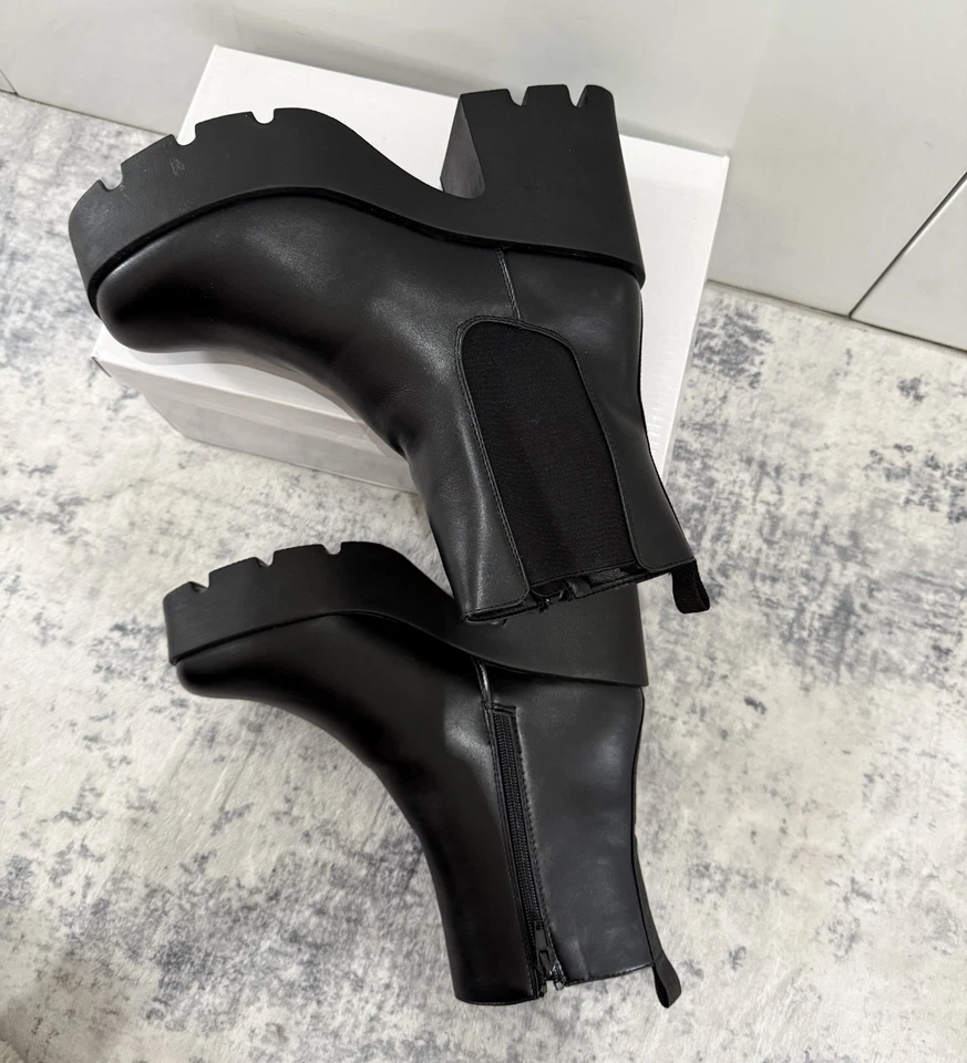 Womens Black Platform Ankle Boots Chunky Block Heel Faux Leather Statement Style - Image 3 of 4